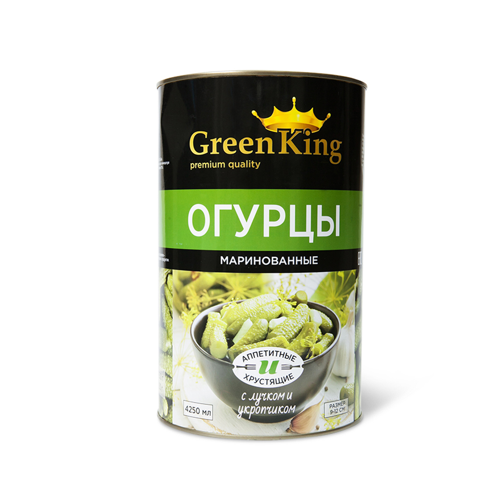 ОГУРЦЫ МАРИНОВАННЫЕ ГРИН КИНГ 6-9 СМ 4250 МЛ В Ж/Б  СТМ  (СУХОЙ ВЕС 2120Г)
